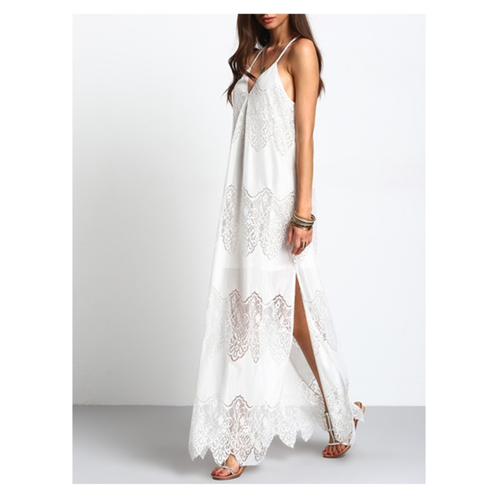 LAST ONE! White Sleeveless V Neck Lace Maxi Dress - Picture 2 of 5